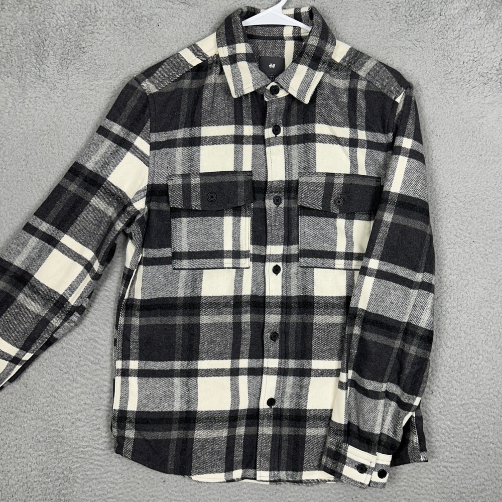 NEW H&M Shirt Jacket Mens Small Shacket Black White Plaid Button Down Pockets